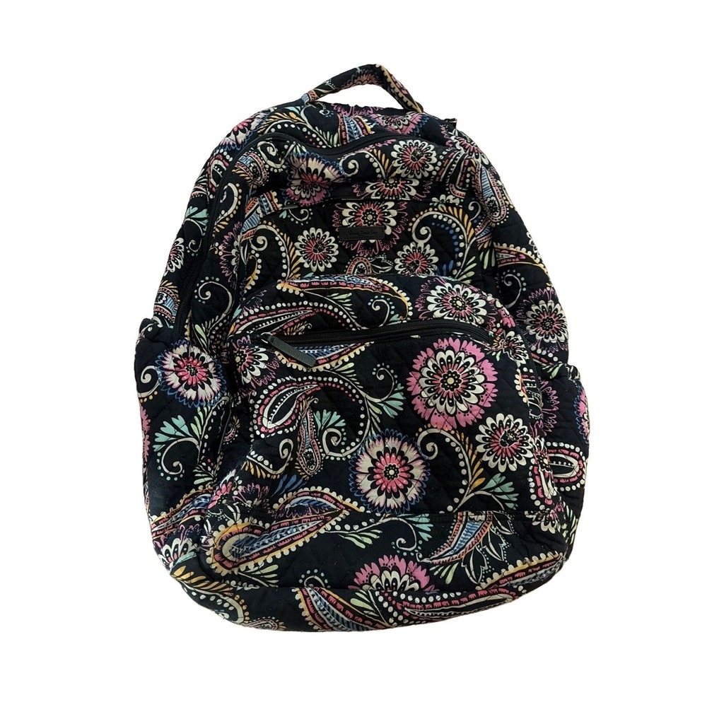 Vera Bradley Essential Large Quilted Backpack Black Floral Paisley Zippered Bag